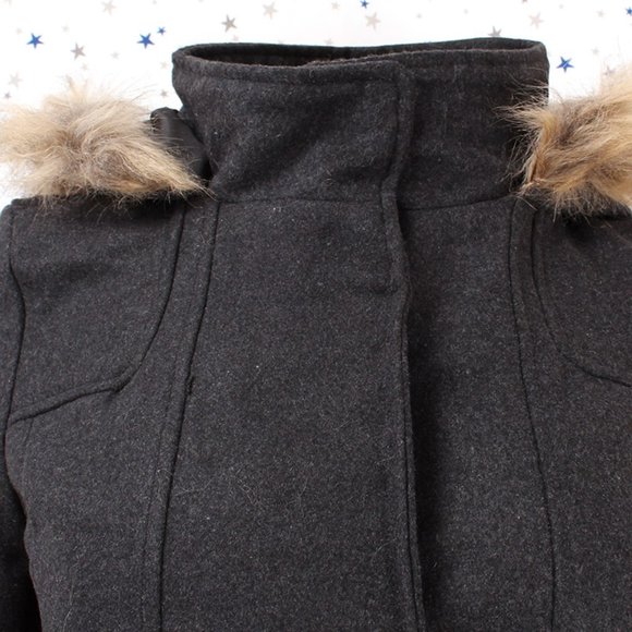 Charcoal Faux Fur Hooded Wool Blend Coat Jacket - Picture 3 of 9